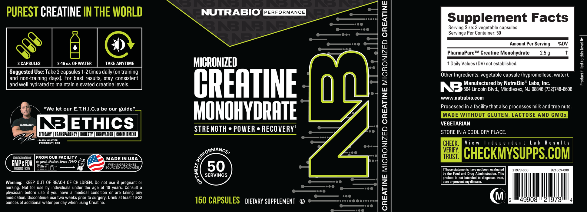 NutraBio Creatine Monohydrate Capsules - Label