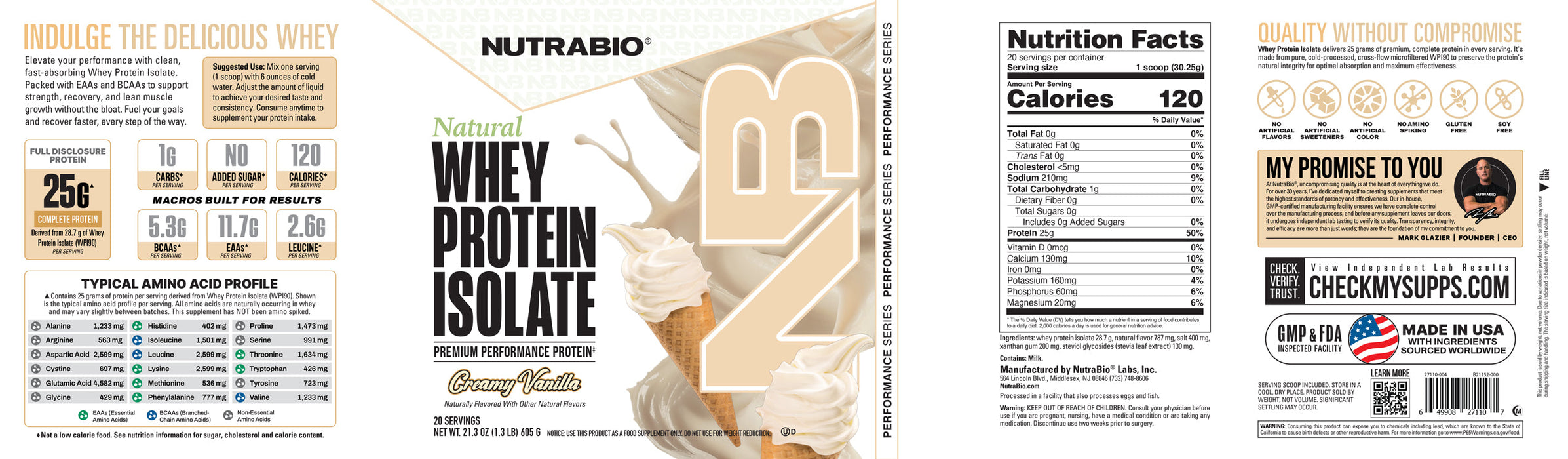 NutraBio Natural Whey Protein Isolate Creamy Vanilla - Label