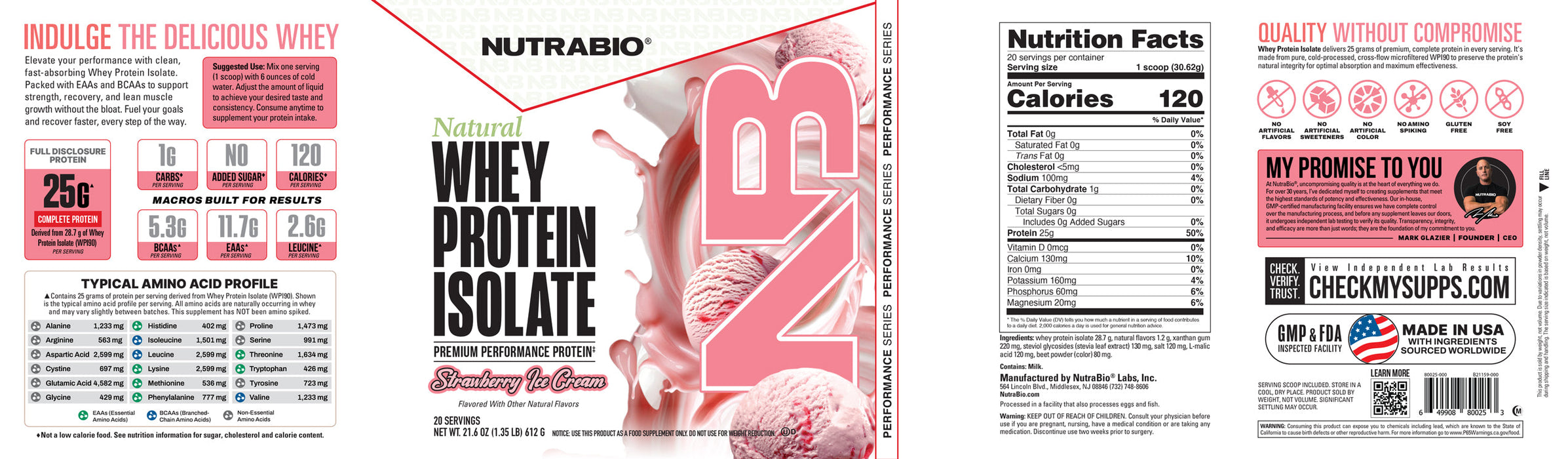 NutraBio Natural Whey Protein Isolate Strawberry Ice Cream - Label