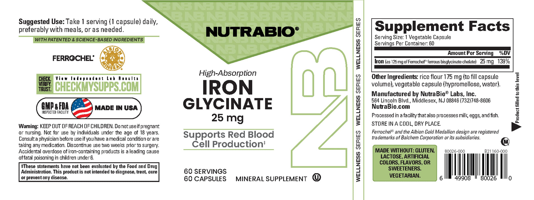 NutraBio Iron Glycinate 25mg - Label