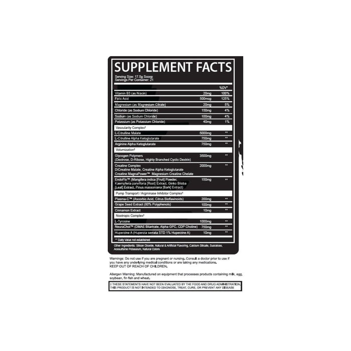 After Dark Supplements - EPO+ Neural Pump Preworkout Supplement Facts