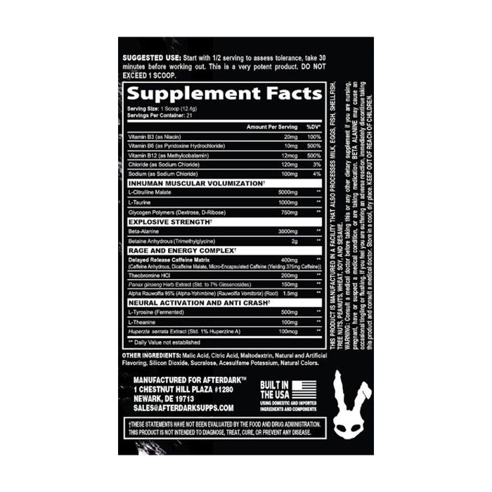After Dark Supplements - Inhuman Preworkout Supplement Facts