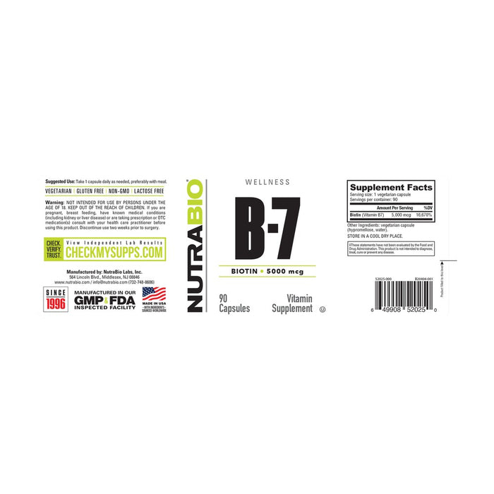 NutraBio Biotin (B-7)(5000mcg)