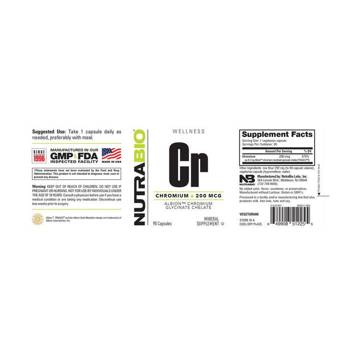 NutraBio Chromium Chelate GTF (200mcg)