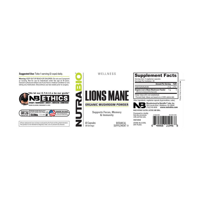NutraBio Lions Mane (500 mg)